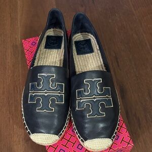 Tory Burch Black Leather Espadrille Flats with Gold-Trim Logo